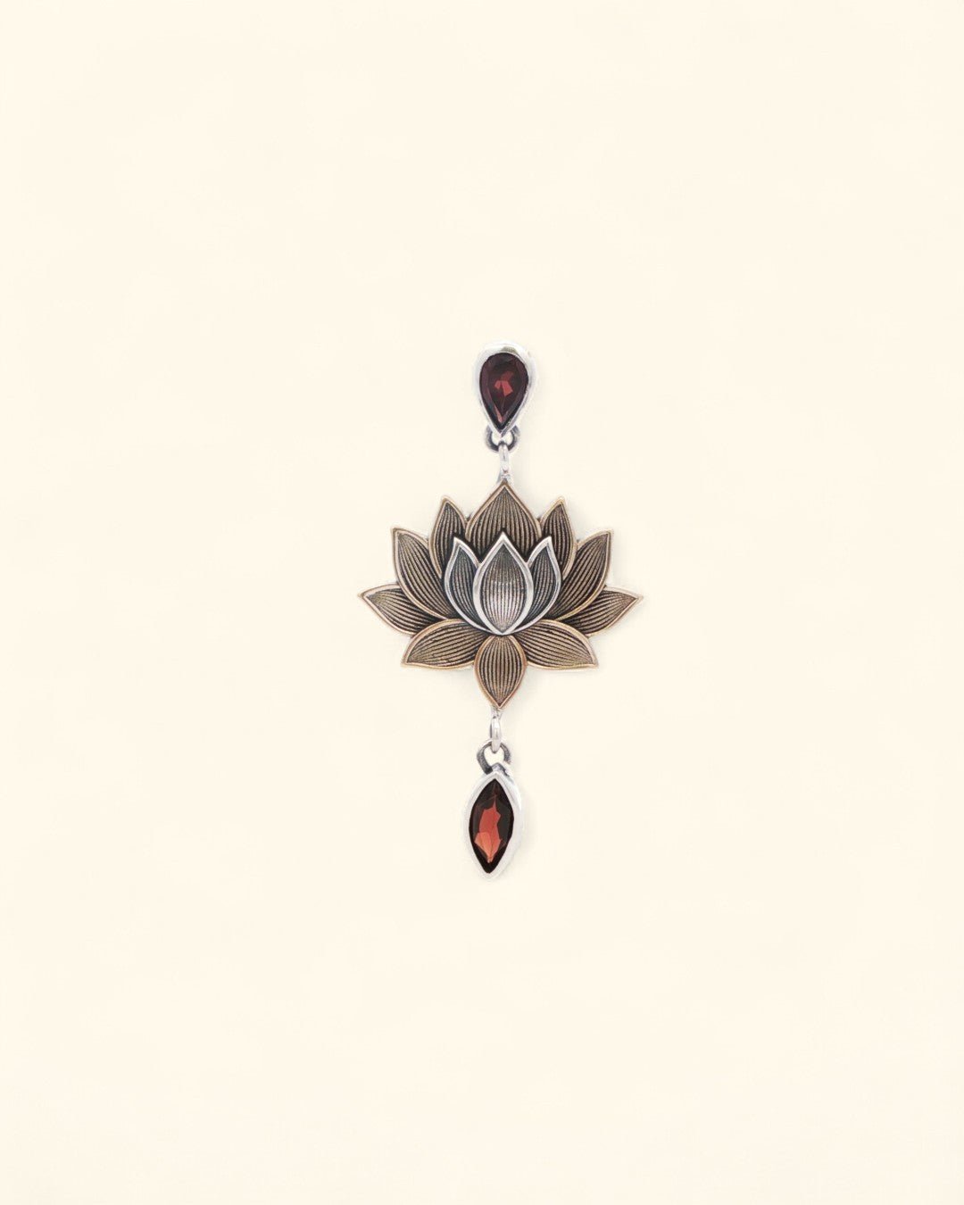 Lotus Bloom Dangle Pendant – Sterling Silver, Bronze & Garnet Gemstone Necklace - Pendants