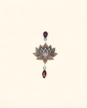 Lotus Bloom Dangle Pendant – Sterling Silver, Bronze & Garnet Gemstone Necklace - Pendants