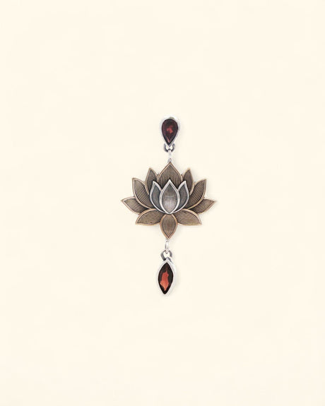 Lotus Bloom Dangle Pendant – Sterling Silver, Bronze & Garnet Gemstone Necklace - Pendants