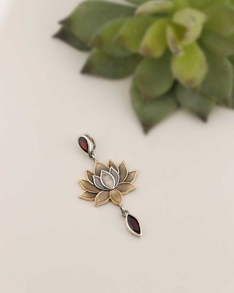 Lotus Bloom Dangle Pendant – Sterling Silver, Bronze & Garnet Gemstone Necklace - Pendants