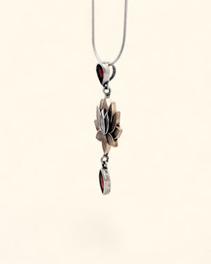 Lotus Bloom Dangle Pendant – Sterling Silver, Bronze & Garnet Gemstone Necklace - Pendants