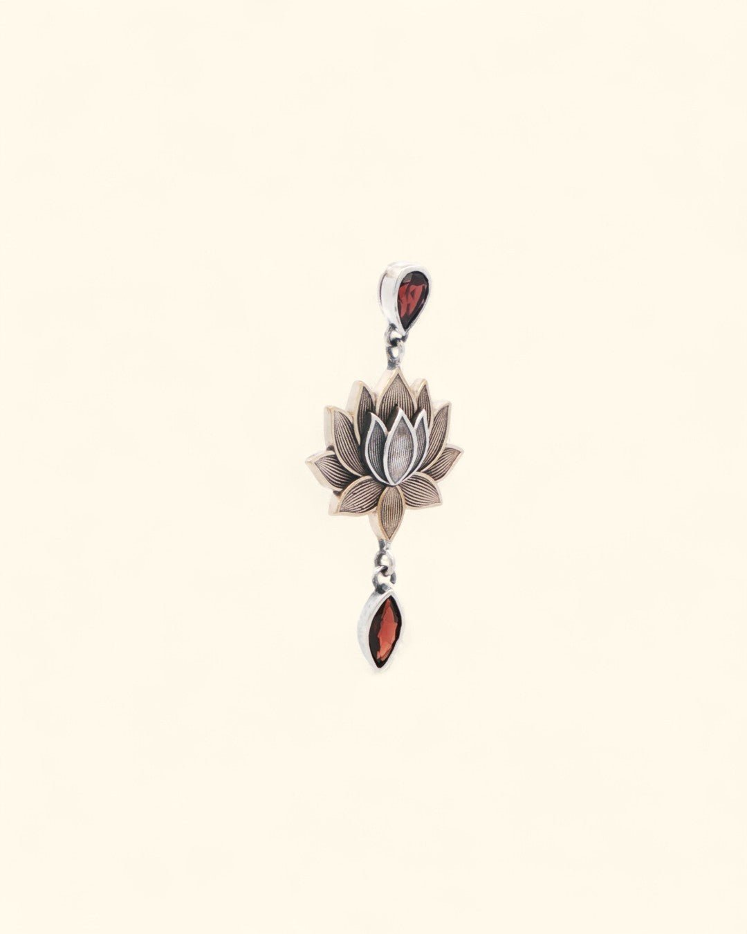 Lotus Bloom Dangle Pendant – Sterling Silver, Bronze & Garnet Gemstone Necklace - Pendants