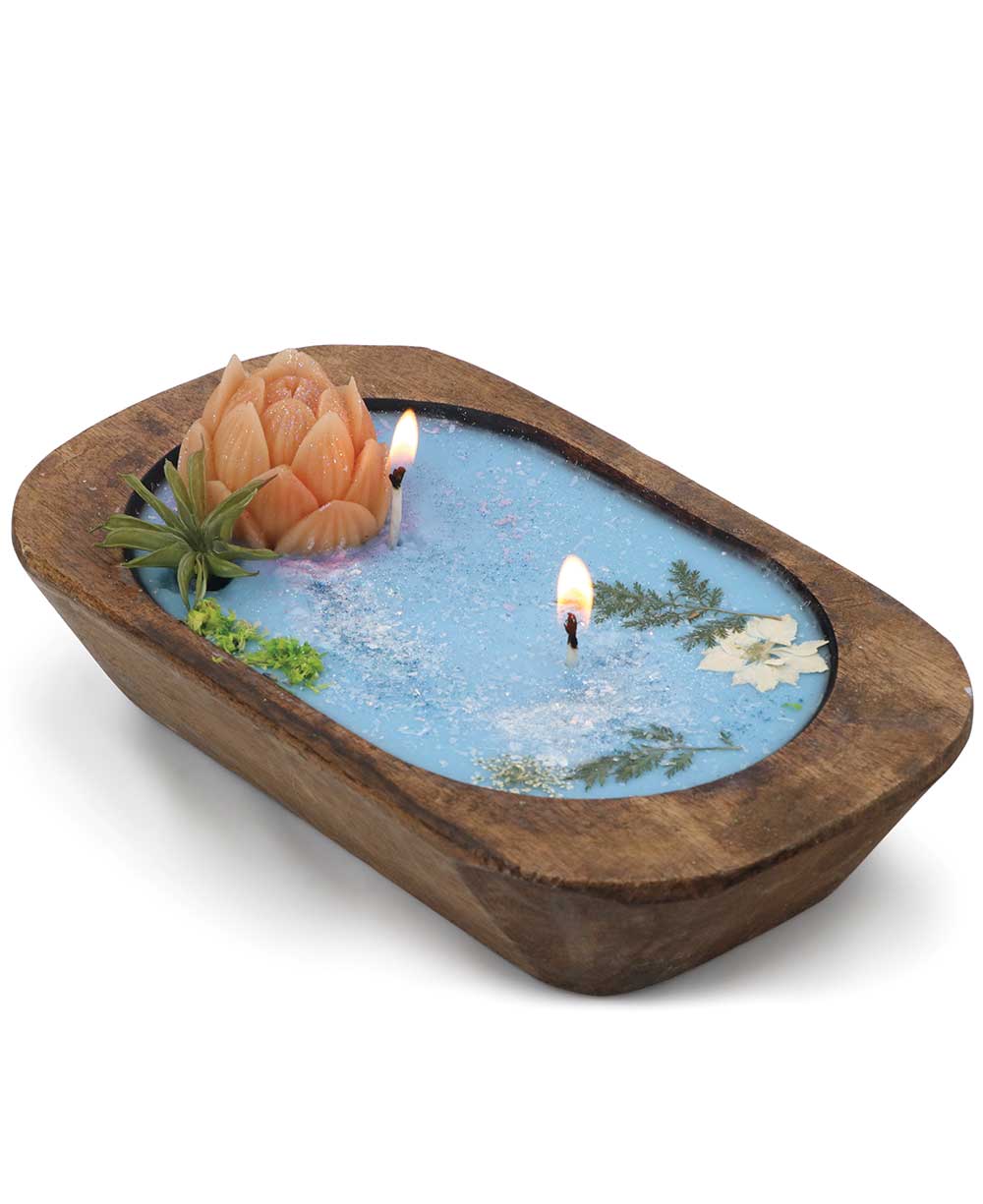 Lotus Bloom Dough Bowl Candle in Natural Wood - Candles