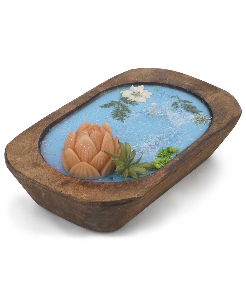 Lotus Bloom Dough Bowl Candle in Natural Wood - Candles