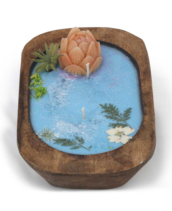 Lotus Bloom Dough Bowl Candle in Natural Wood - Candles