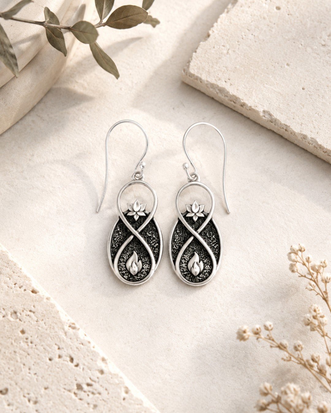 Lotus Infinity Flame Earrings — Silver - Plated White Bronze Symbolic Drop Earrings - Earrings
