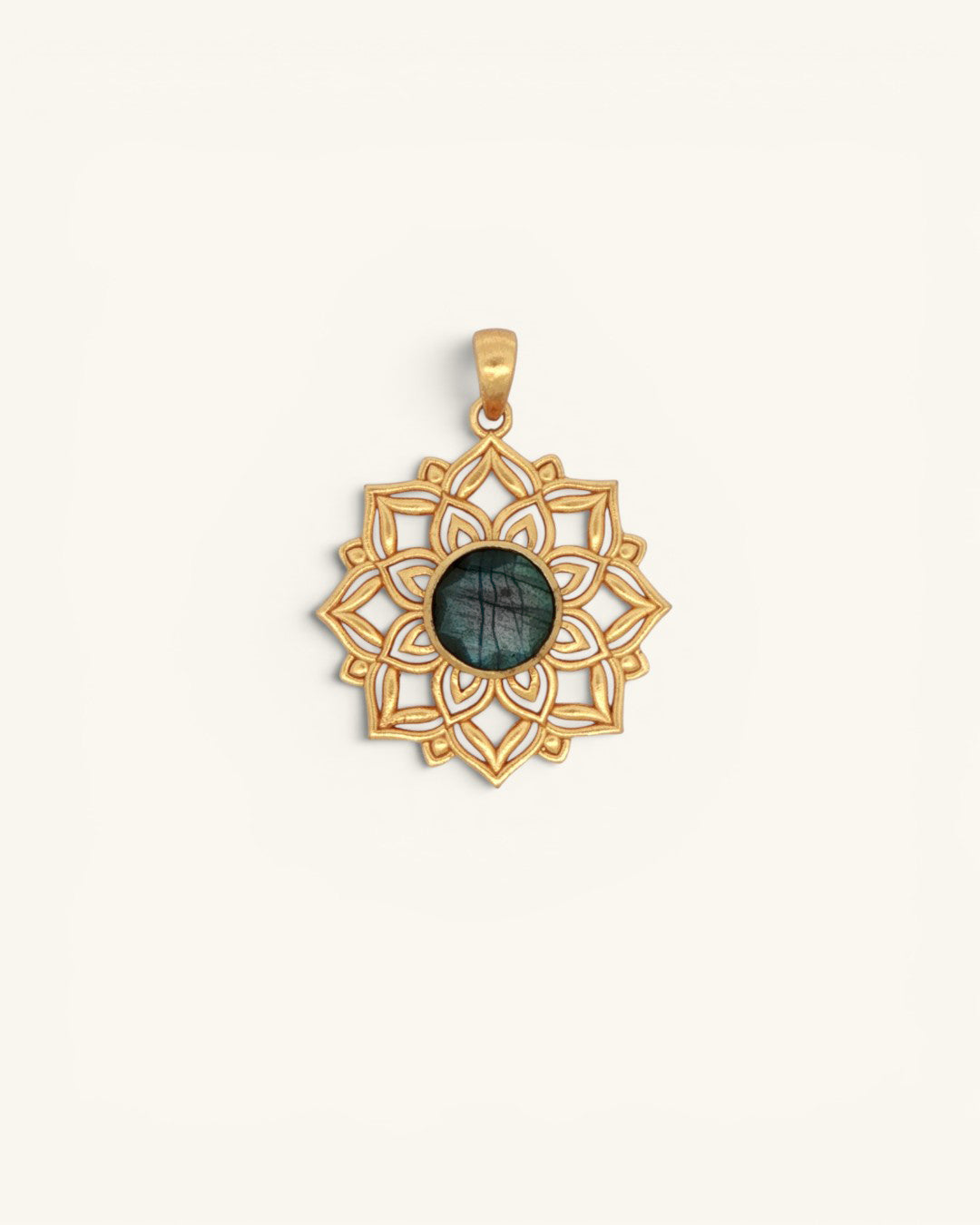 Front view of gold-plated brass lotus mandala pendant with round teal labradorite center stone, no chain