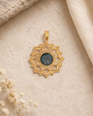 Lotus Mandala Pendant with Labradorite Gemstone — Gold-Plated Brass - Pendant