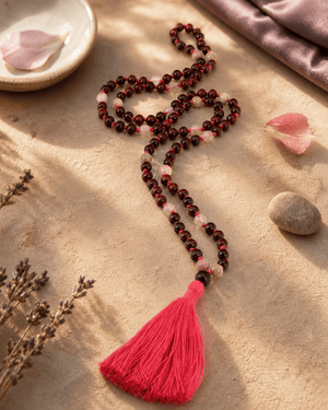 Love and Compassion Rosewood Meditation Mala With Rose Quartz and Rhodonite - Prayer Beads