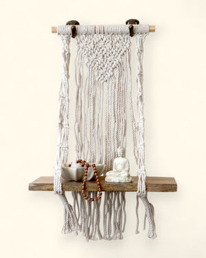 Macrame Wall Shelf with Natural Wood for Small Altar or Statue - Wall Hanging 12 Inch