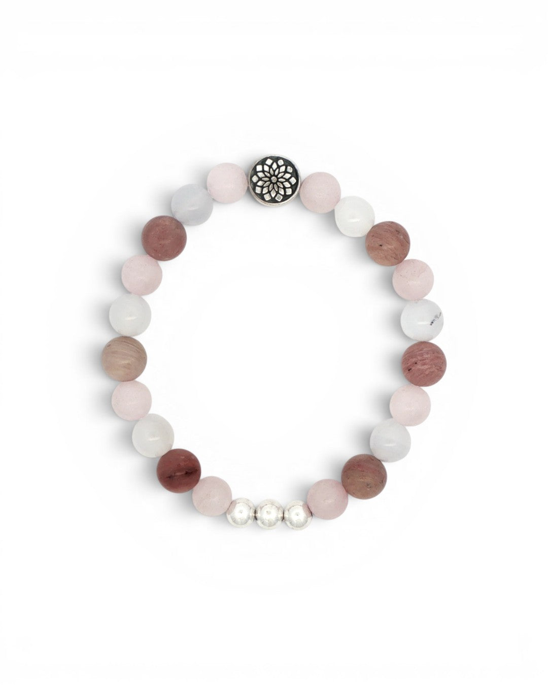 Mandala gemstone stretch bracelet flat lay on white, showing rose quartz, rhodochrosite, and chalcedony beads with silver mandala charm