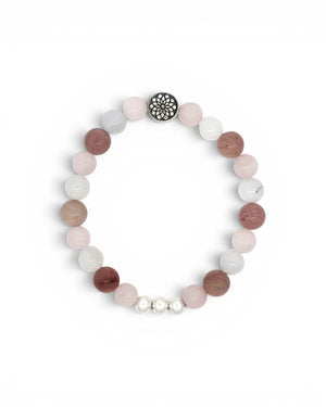 Mandala gemstone stretch bracelet flat lay on white, showing rose quartz, rhodochrosite, and chalcedony beads with silver mandala charm