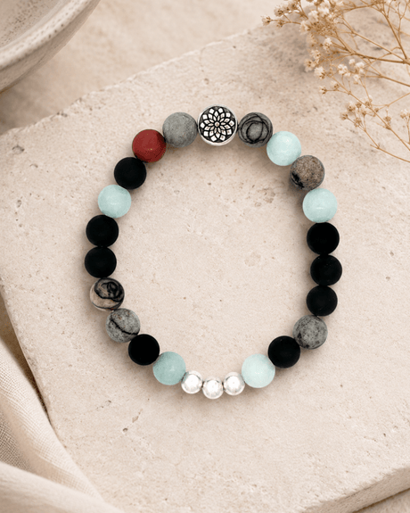 Mandala Gemstone Stretch Bracelet — Chalcedony, Onyx & Red Jasper - Bracelet
