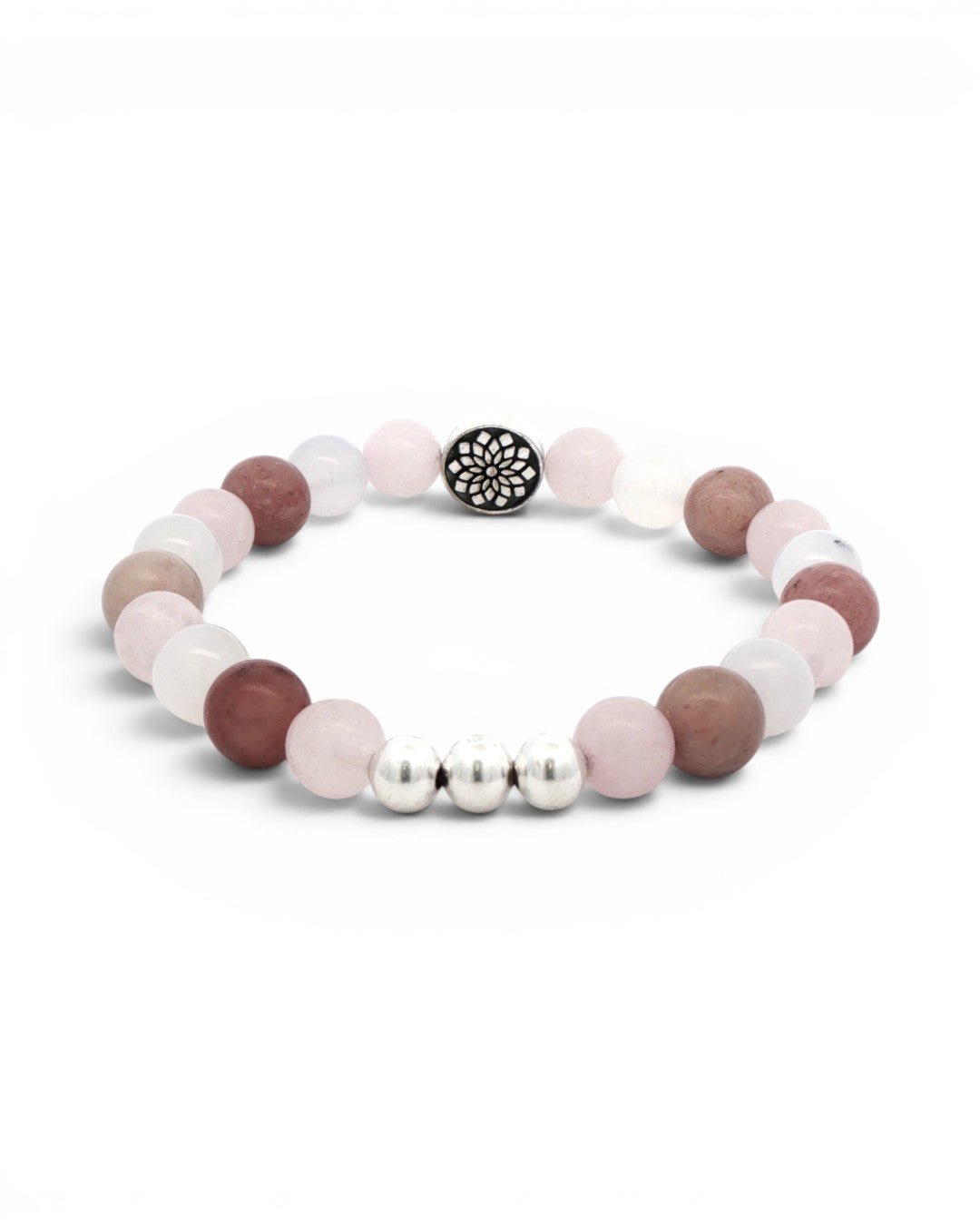 Mandala Gemstone Stretch Bracelet — Rose Quartz, Rhodochrosite & Chalcedony Beads - Bracelet