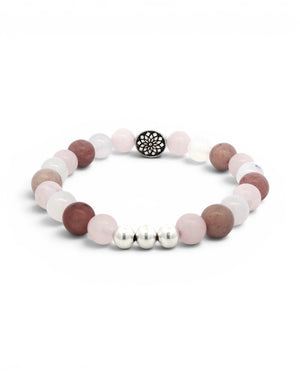 Mandala Gemstone Stretch Bracelet — Rose Quartz, Rhodochrosite & Chalcedony Beads - Bracelet