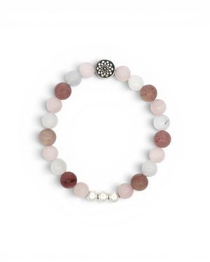 Mandala Gemstone Stretch Bracelet — Rose Quartz, Rhodochrosite & Chalcedony Beads - Bracelet