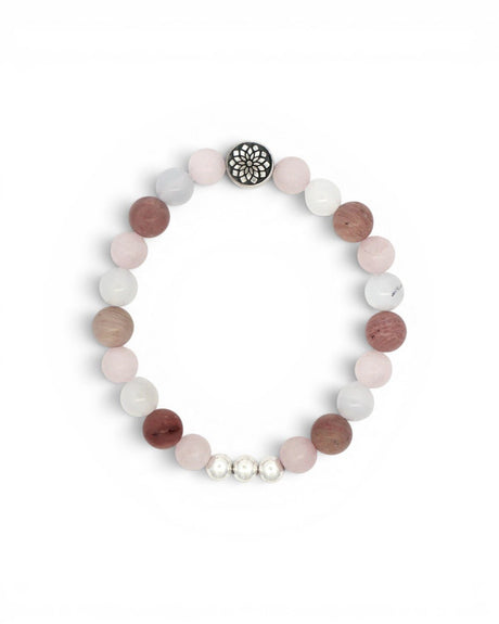 Mandala Gemstone Stretch Bracelet — Rose Quartz, Rhodochrosite & Chalcedony Beads - Bracelet