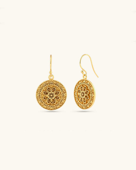 Mandala Lotus Earrings — Gold - Plated Brass Drop Earrings with French Hooks - Earrings