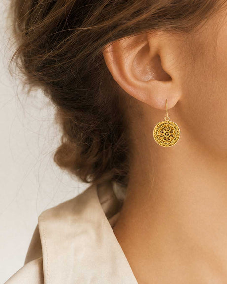 Mandala Lotus Earrings — Gold - Plated Brass Drop Earrings with French Hooks - Earrings