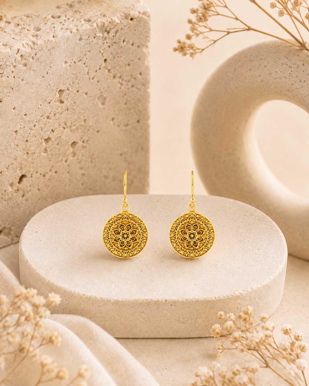 Mandala Lotus Earrings — Gold - Plated Brass Drop Earrings with French Hooks - Earrings