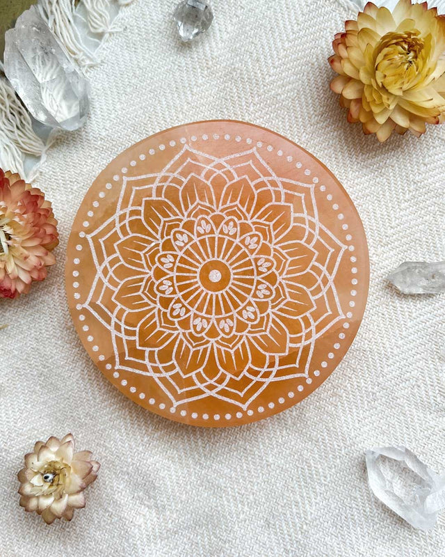 Mandala Selenite Charging Plate – Engraved Crystal Energy Cleanser - Rocks & Fossils