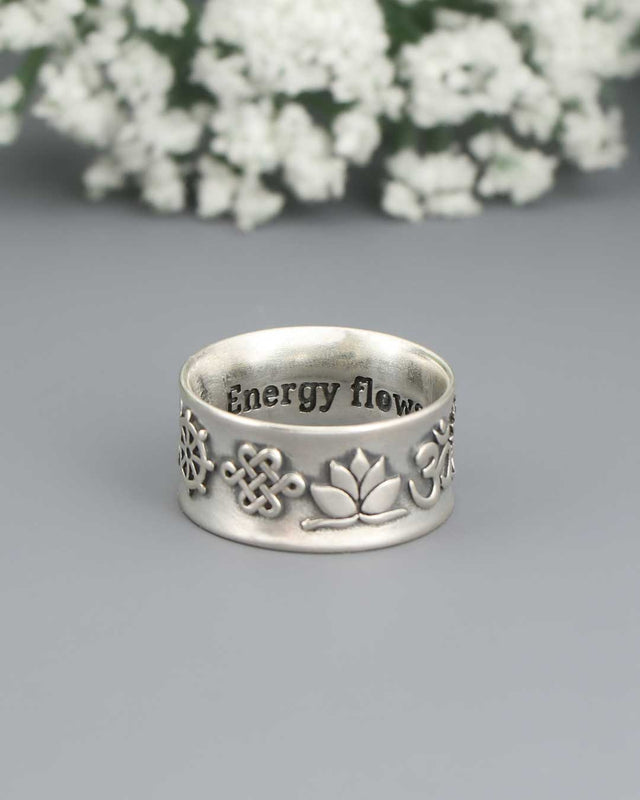 Meaningful Symbols Band Ring – Sterling Silver with Lotus, Om, Tree of Life, Hamsa, Yin Yang & More - Rings Size 6