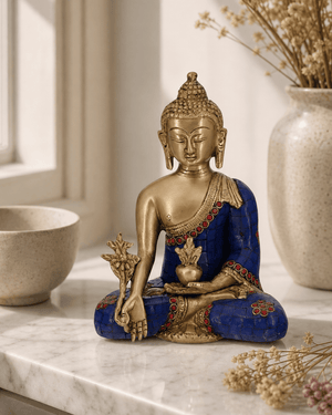 Medicine Buddha Statue in Artistic Brass Mosaic - Sculptures & Statues