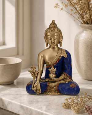 Medicine Buddha brass mosaic statue seated in meditation pose displayed on white marble surface
