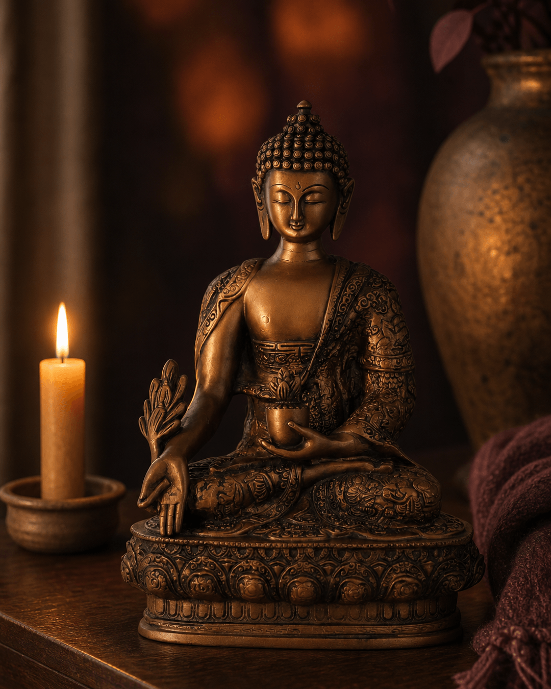 Bronze Medicine Buddha statue in meditative pose with detailed craftsmanship shown in close-up with soft bokeh background