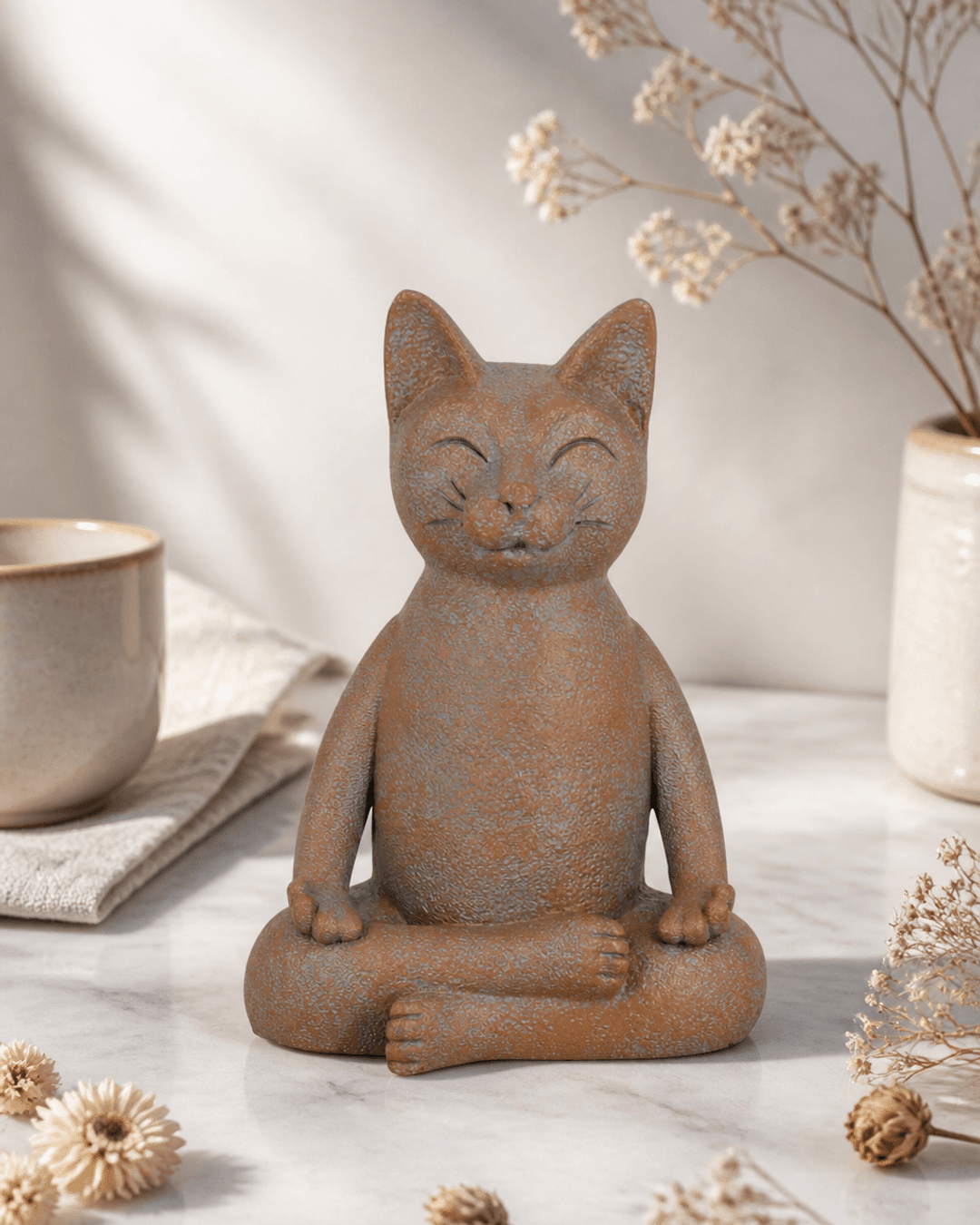 Meditating Cat Statue, Textured Finish - Sculptures & Statues