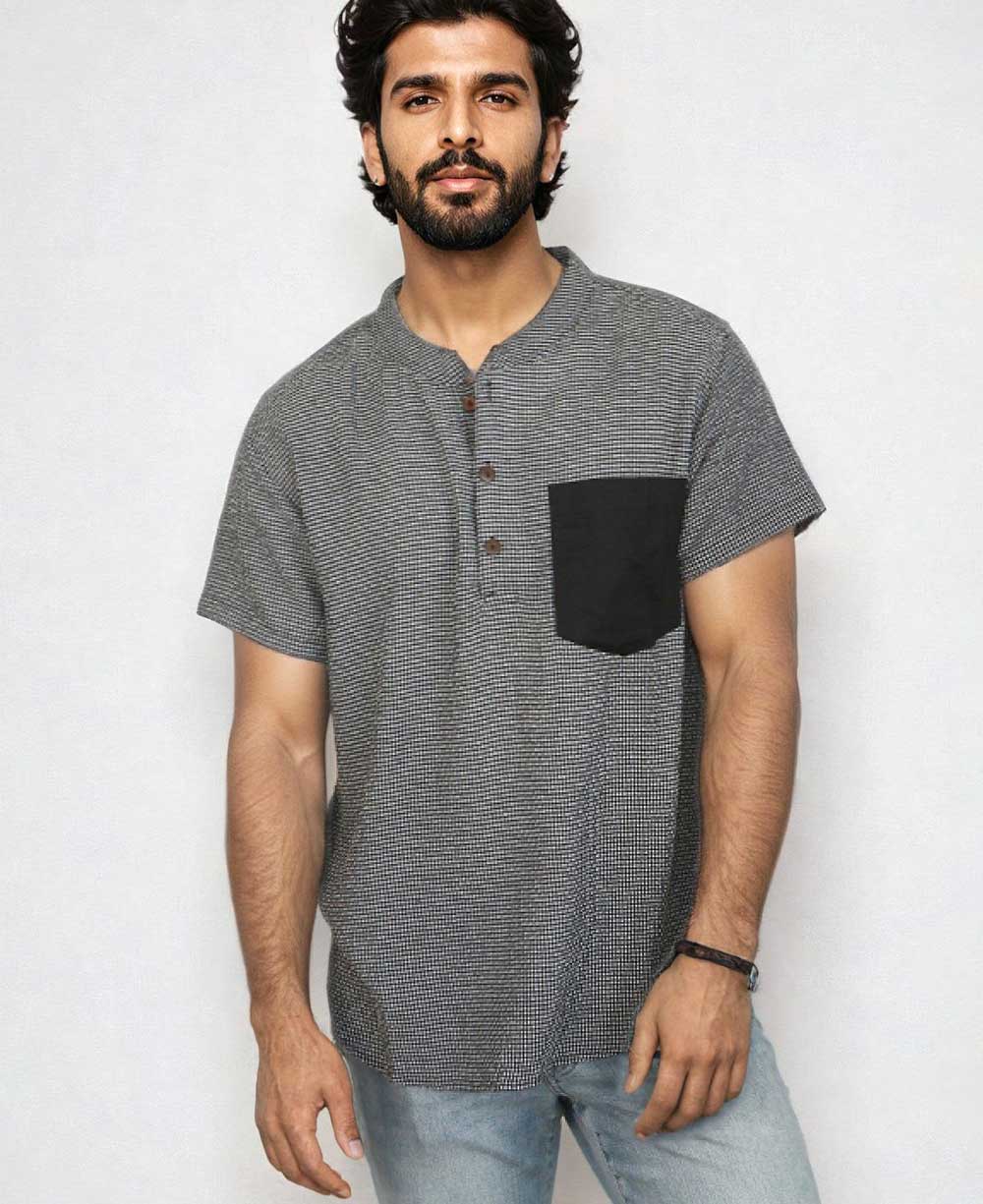 Men's Button Up Kurta Shirt With Solid Pocket - Shirts & Tops Black M