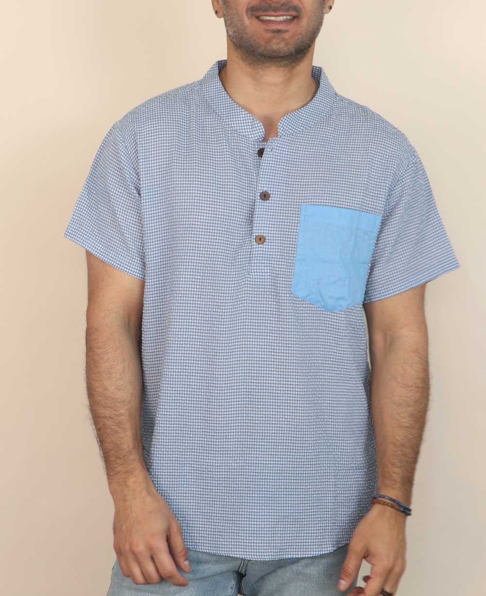 Men's Button Up Kurta Shirt With Solid Pocket - Shirts & Tops Blue M
