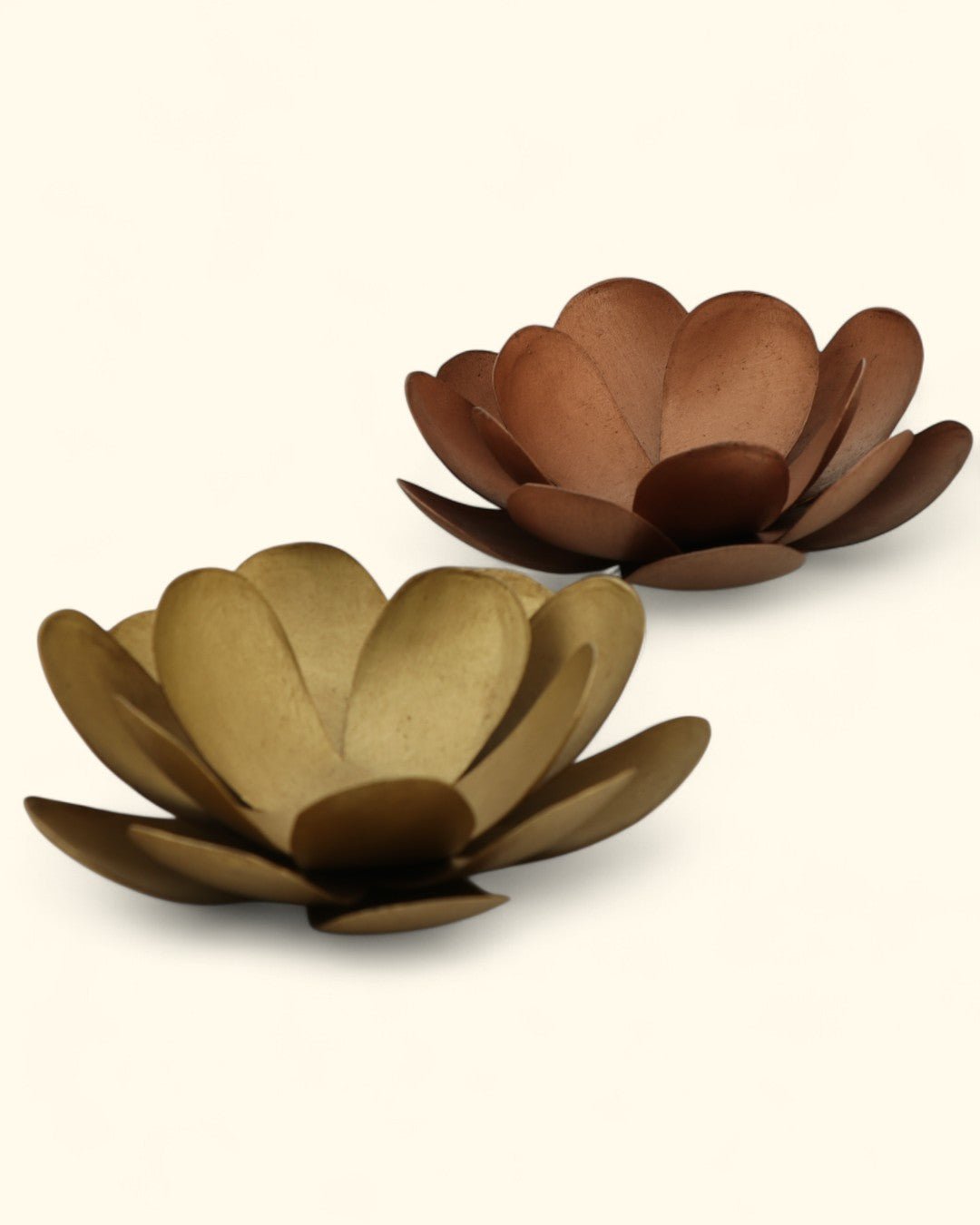 Metal Lotus Bloom Tealight Holder Duo – Handcrafted Copper & Bronze Flower Design - Candle Holders