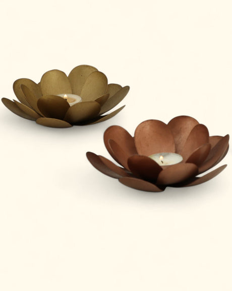 Metal Lotus Bloom Tealight Holder Duo – Handcrafted Copper & Bronze Flower Design - Candle Holders