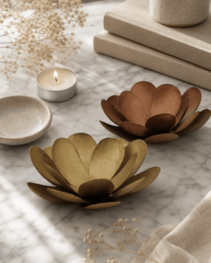 Metal Lotus Bloom Tealight Holder Duo – Handcrafted Copper & Bronze Flower Design - Candle Holders