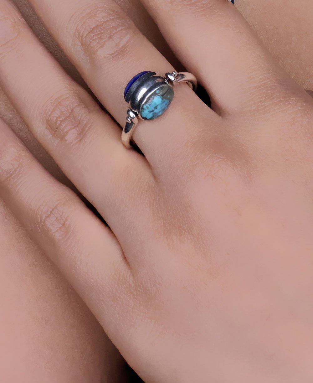 Mindful Sterling Silver Rotating Ring With Lapis and Turquoise - Rings Size 6