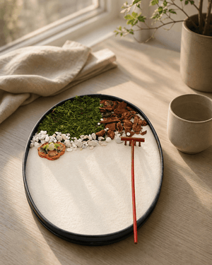 Miniature Frog Meditation Zen Garden with Moss, Bark, and Rake - Home & Garden