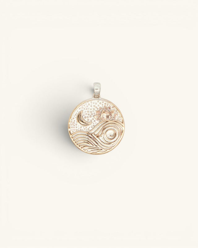 Moon and Wave Lotus Pendant — Silver-Plated Bronze Celestial Charm with Engraved Mantra - Pendant