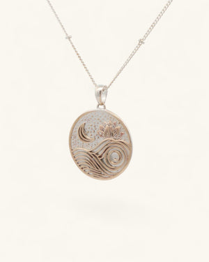 Moon and Wave Lotus Pendant — Silver-Plated Bronze Celestial Charm with Engraved Mantra - Pendant