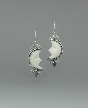 Moon Face Earrings – Sterling Silver Amethyst Accents, Hand - Carved in Bali - Earrings