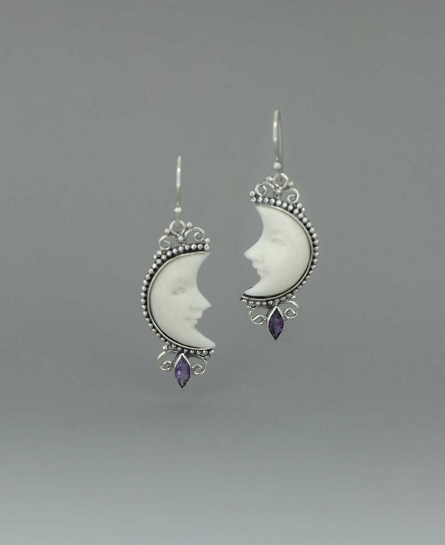 Moon Face Earrings – Sterling Silver Amethyst Accents, Hand - Carved in Bali - Earrings
