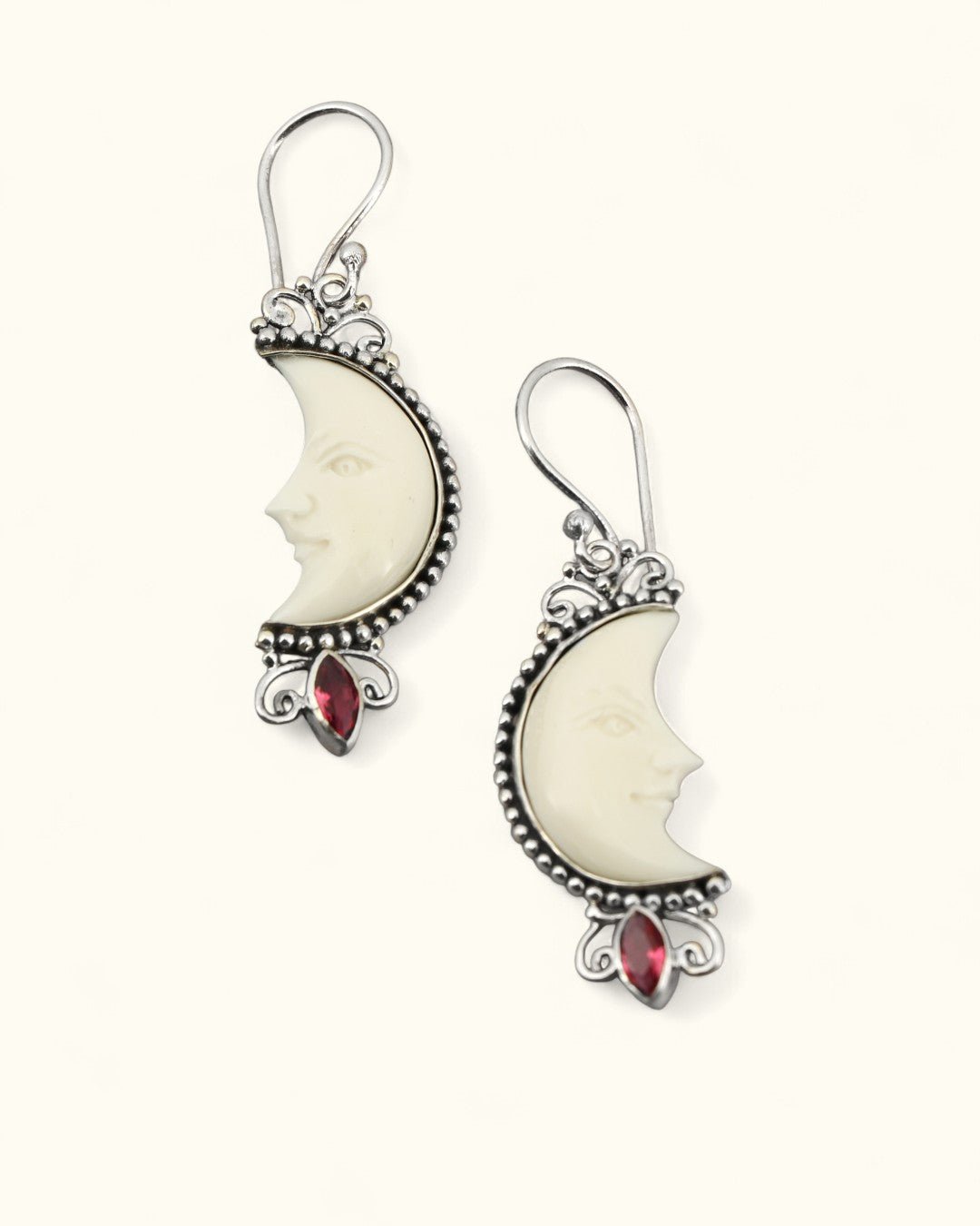 Moon Face Earrings – Sterling Silver with Bone and Ruby Light Stone, Hand - Carved in Bali - Earrings