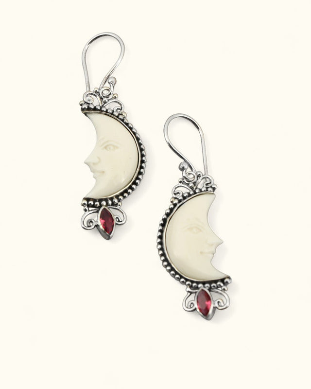 Moon Face Earrings – Sterling Silver with Bone and Ruby Light Stone, Hand - Carved in Bali - Earrings