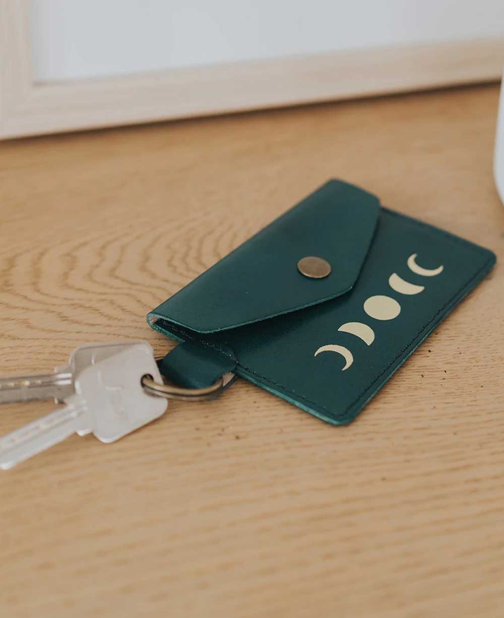 Moon Phase Leather Key Ring With Card Holder - Keychains
