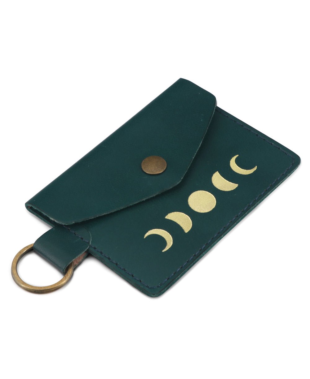 Moon Phase Leather Key Ring With Card Holder - Keychains