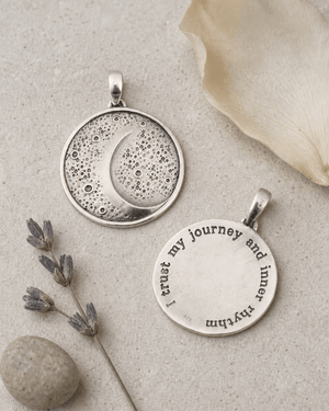 Moon Phase Rhythm Sterling Silver Pendant – Etched Lunar Texture with Inspirational Back Engraving - Charms & Pendants