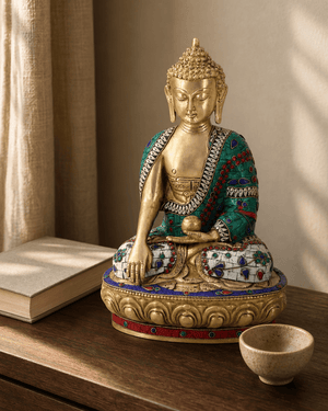 Brass Shakyamuni Buddha statue in earth touching pose with mosaic work displayed on wooden console