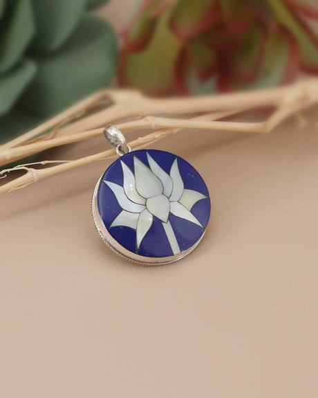 Mother of Pearl and Lapis Sterling Silver Lotus Pendant - Charms & Pendants