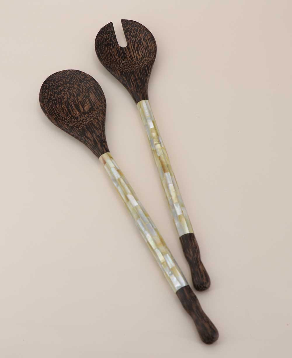 Mother of Pearl and Palm Wood Salad Servers - Serveware