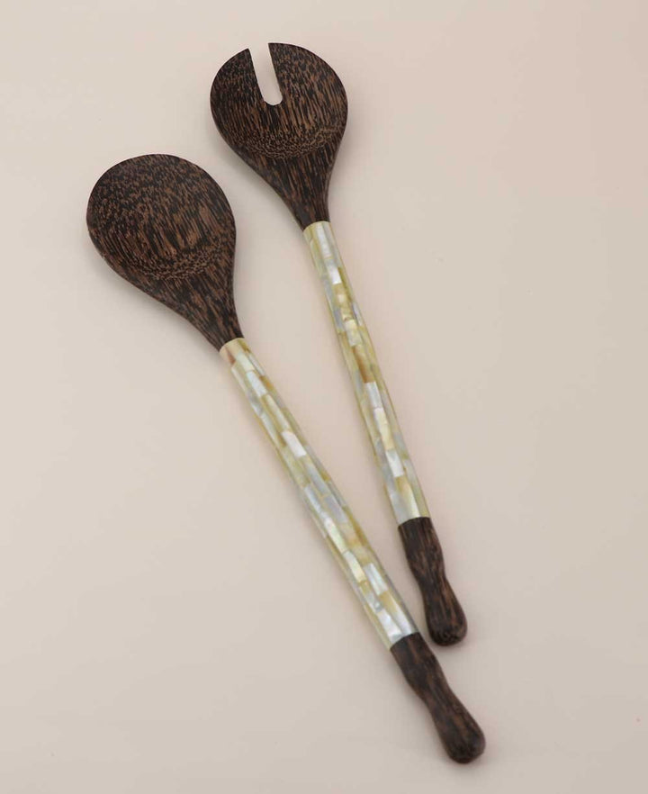 Mother of Pearl and Palm Wood Salad Servers - Serveware